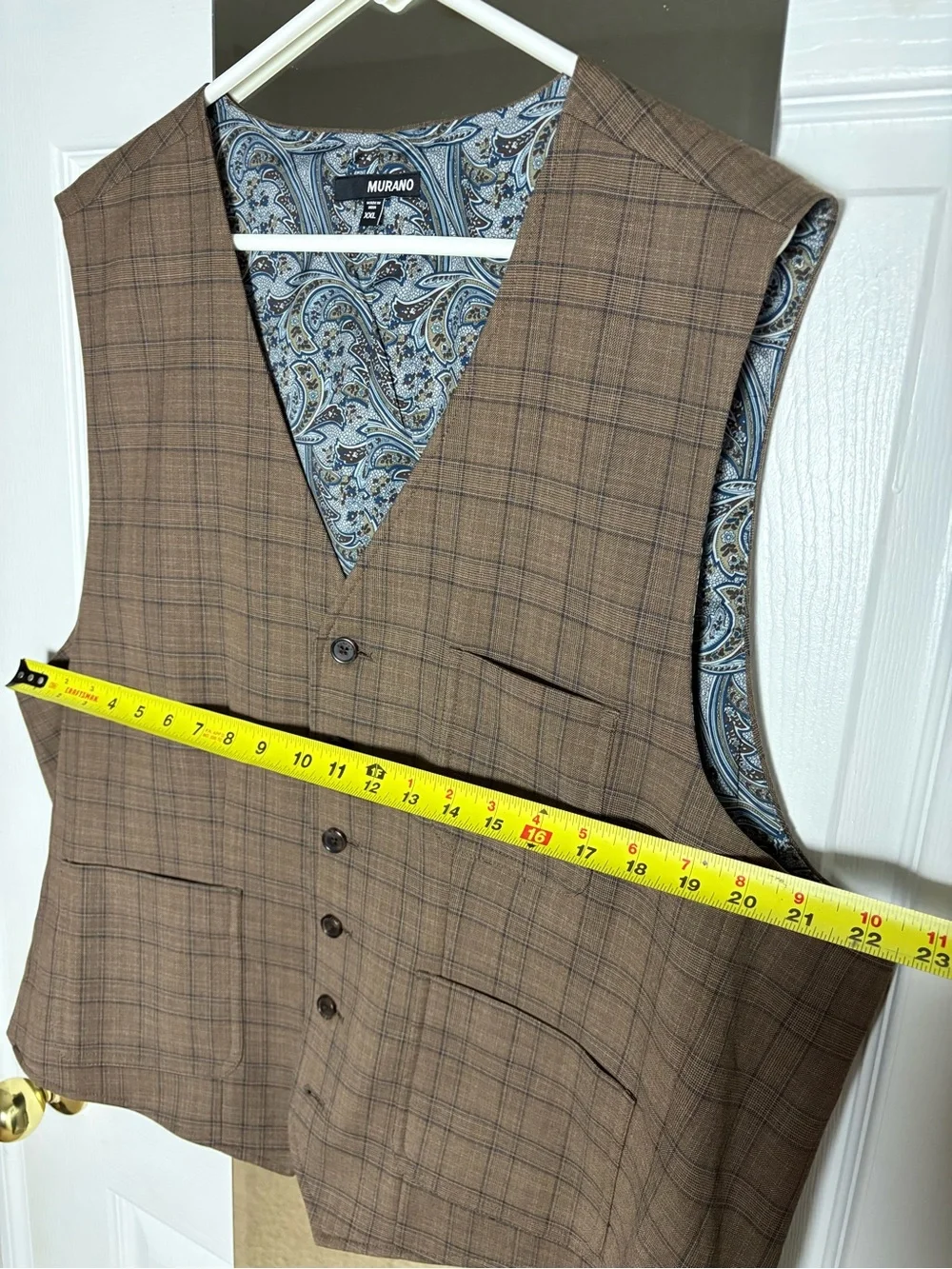 Men’s Murano Brown Plaid Vest with Blue Paisley Lining XXL